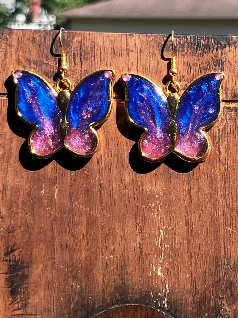 Pink and Blue celestial butterfly earrings with gold accents